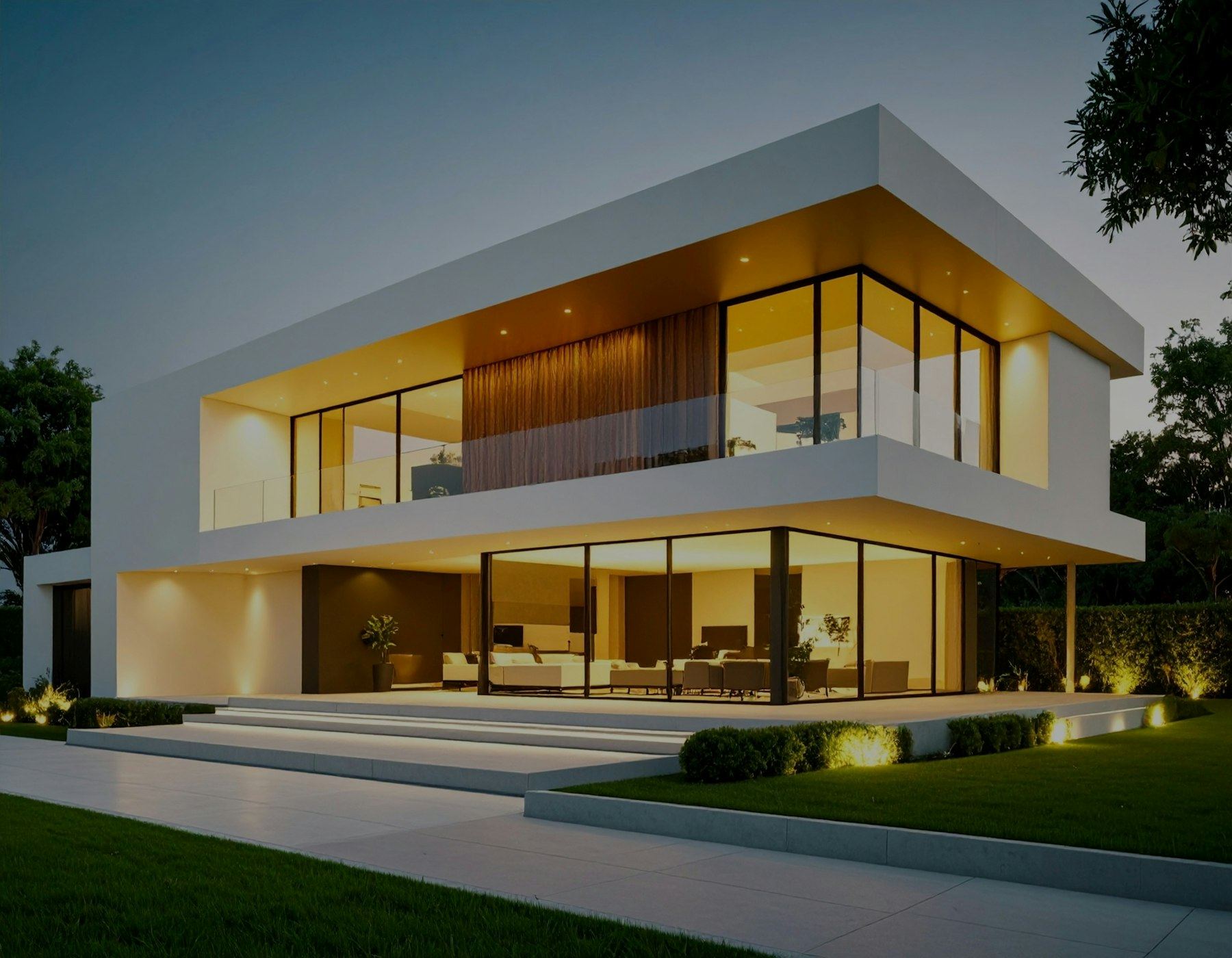 Windows lit at dusk on a finished home