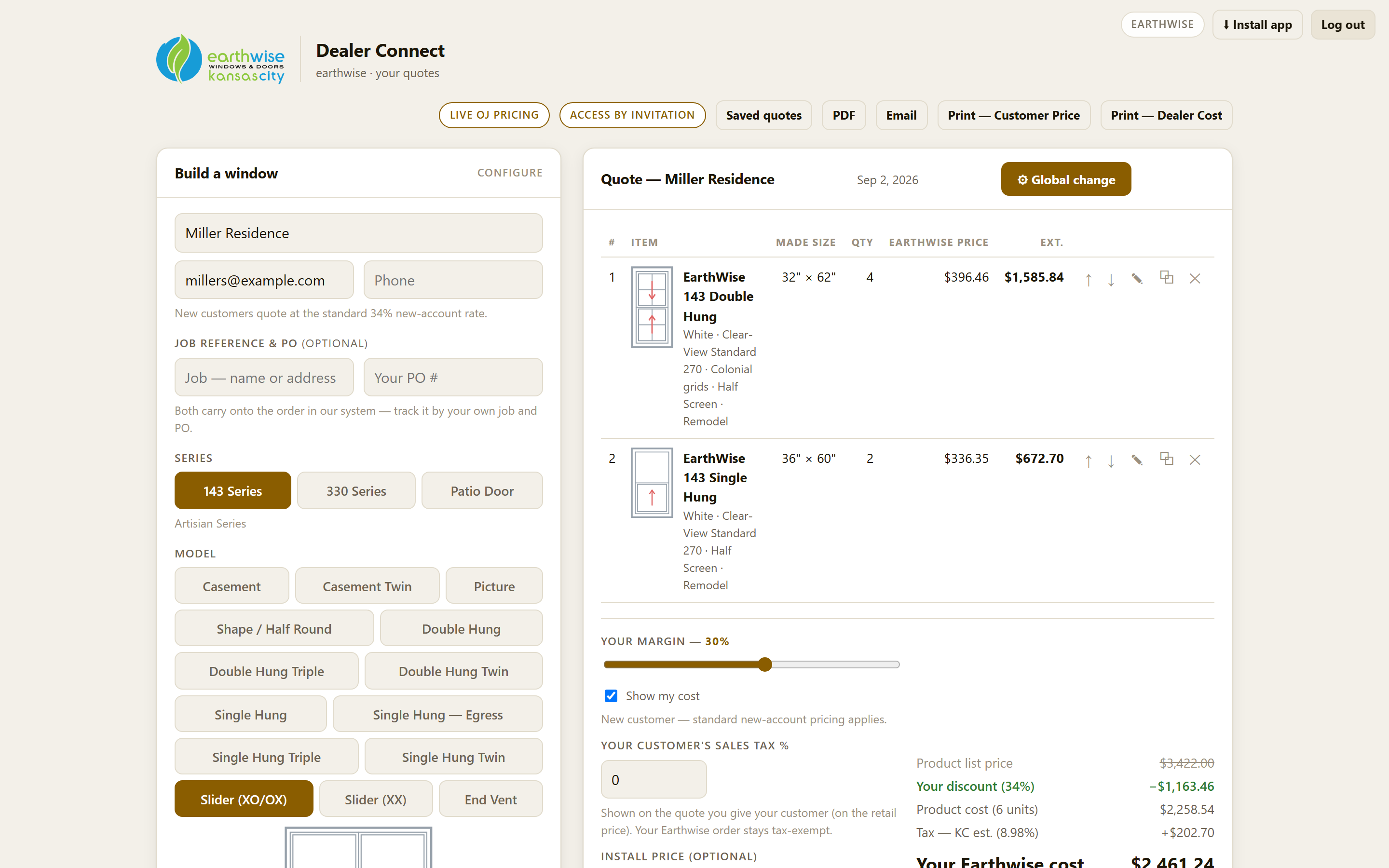 Dealer Connect — a dealer building a priced window quote with their own margin applied